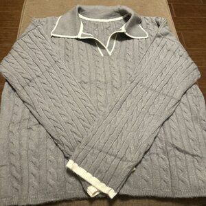 Unbranded Gray Cable Knit Sweater Mens Polo XL V-Neck Long Sleeve Sweater Preown